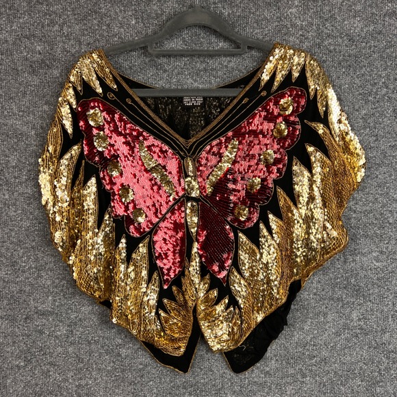 Vintage Silk Sequin Butterfly Top Beaded Embellished Gold O/S Pink Party Blouse - Picture 1 of 6